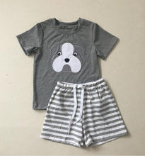 Load image into Gallery viewer, Puresun Hot Sale Football Boy Outfit Set High Quality Bulldog Embroidery Gray T-shirt Strpied Shorts Boy Clothing Set